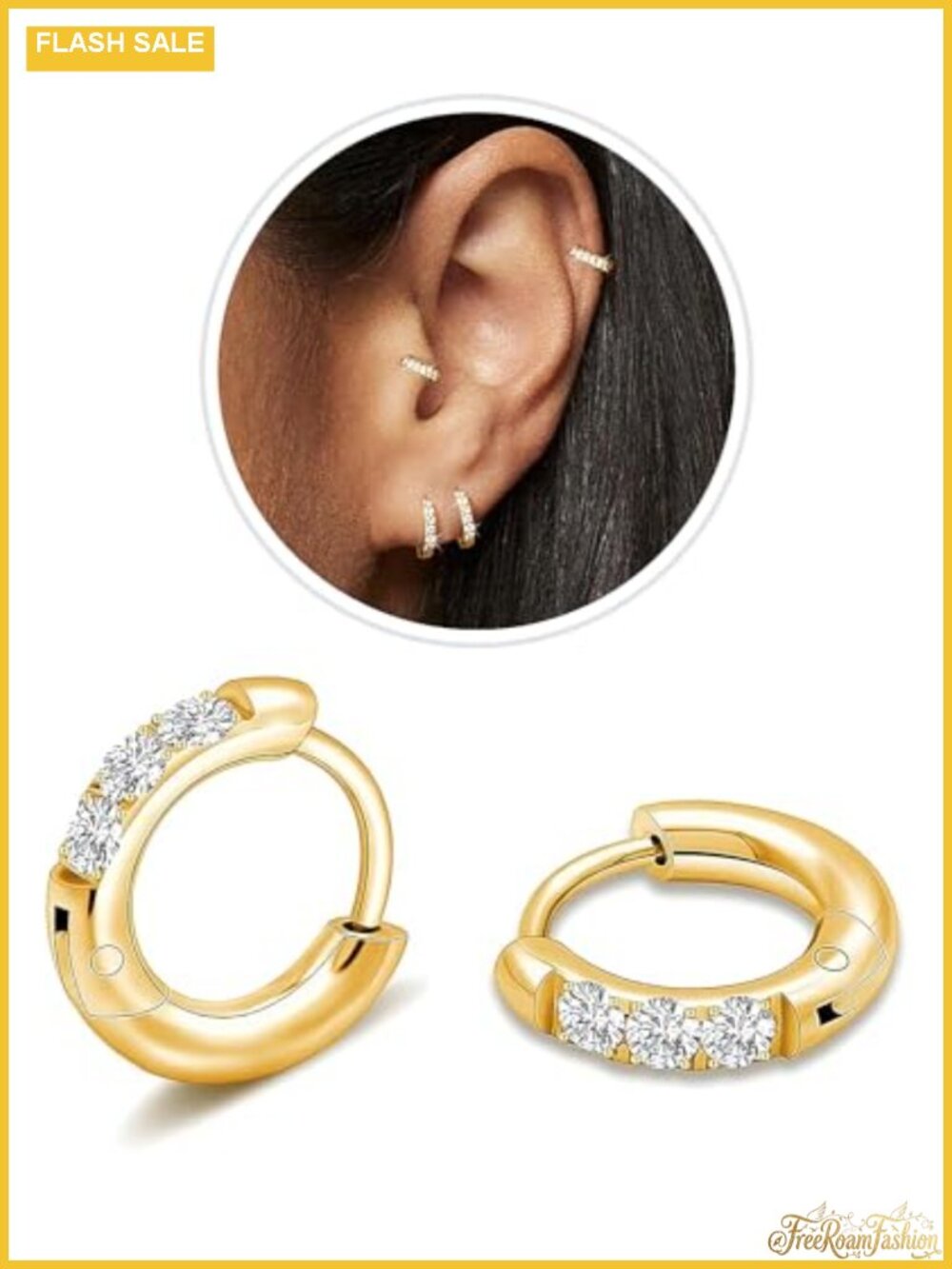 CZ Huggie Hoop Earrings 6mm Stainless Steel Gold Plated Small Cartilage Hoops